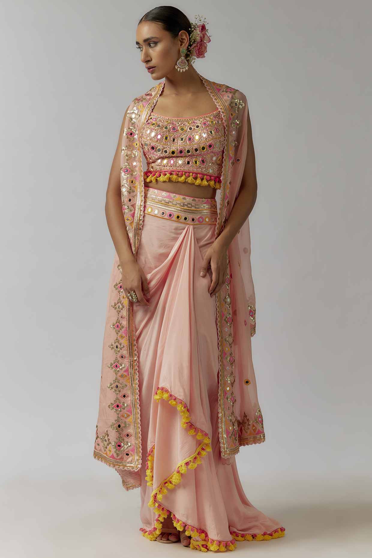 Pink Crepe Tassels Embroidered Draped Skirt Set by Gopi Vaid at Pernia's Pop Up Shop