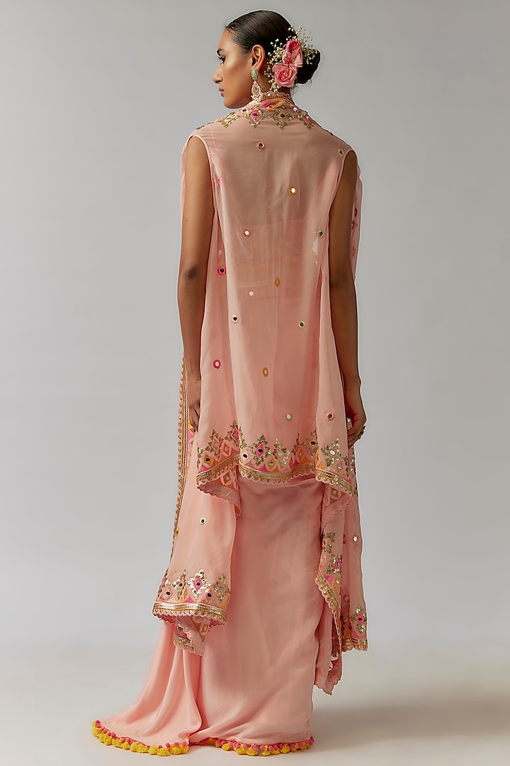 Pink Crepe Tassels Embroidered Draped Skirt Set by Gopi Vaid at Pernia's Pop Up Shop
