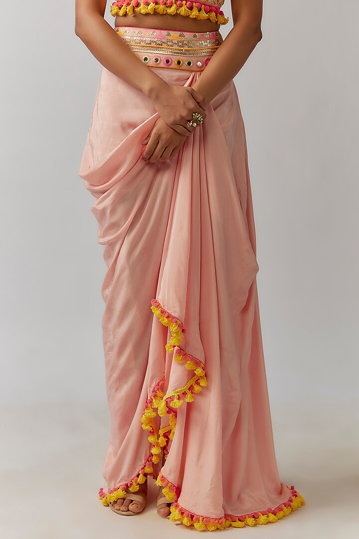 Pink Crepe Tassels Embroidered Draped Skirt Set by Gopi Vaid at Pernia's Pop Up Shop
