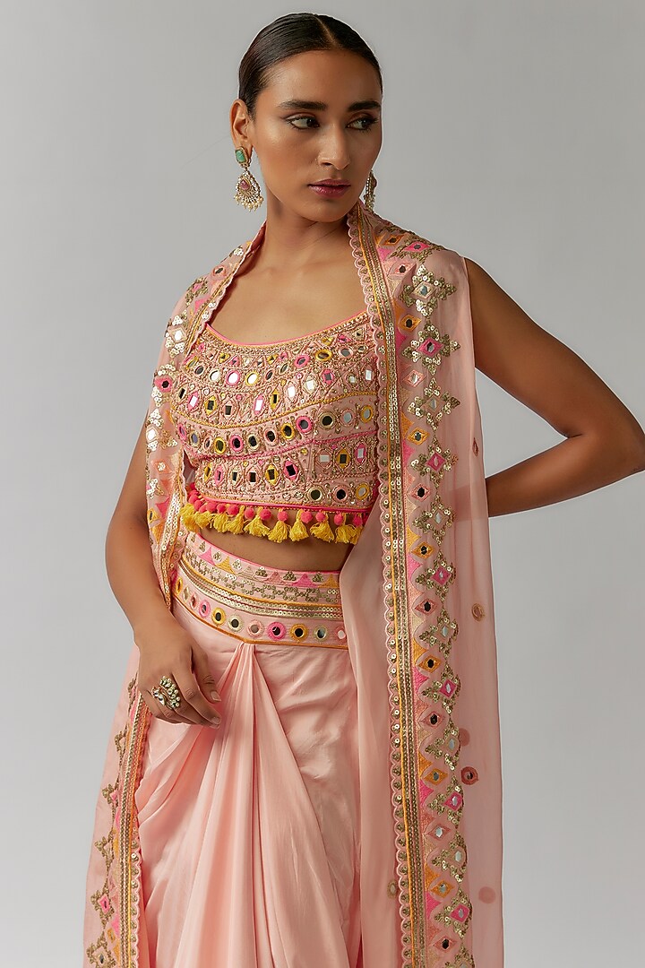 Pink Crepe Tassels Embroidered Draped Skirt Set by Gopi Vaid at Pernia's Pop Up Shop