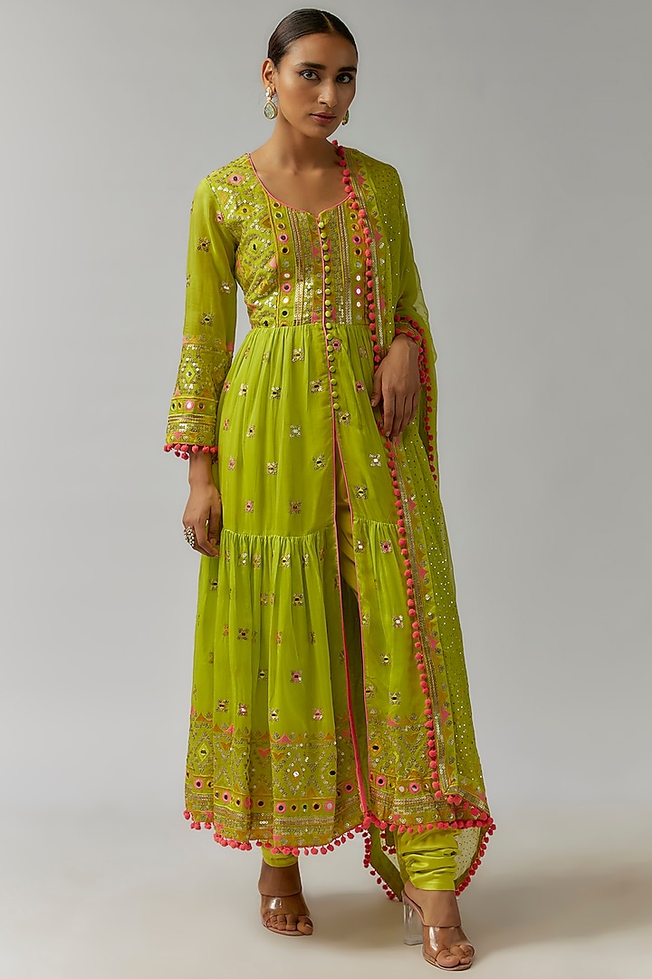 Lime Green Georgette Hand & Machine Embroidered Tiered Anarkali Set by Gopi Vaid