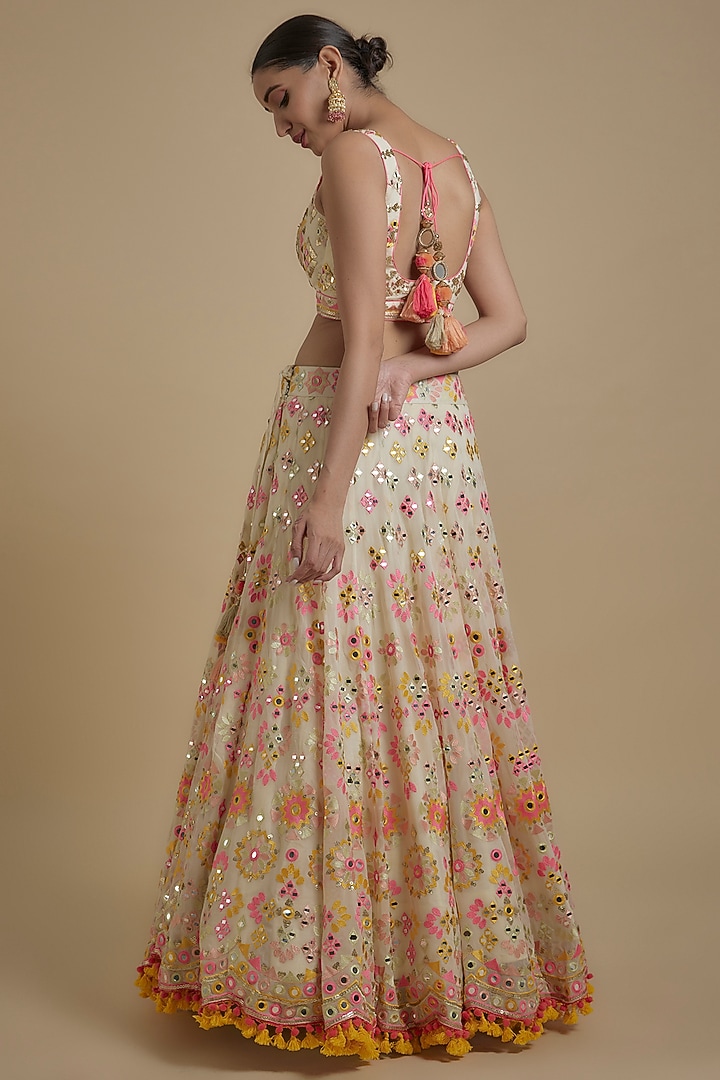 Multi-Colored & Ivory Georgette Hand Embroidered Wedding Lehenga Set by GOPI VAID at Pernia's Pop Up Shop