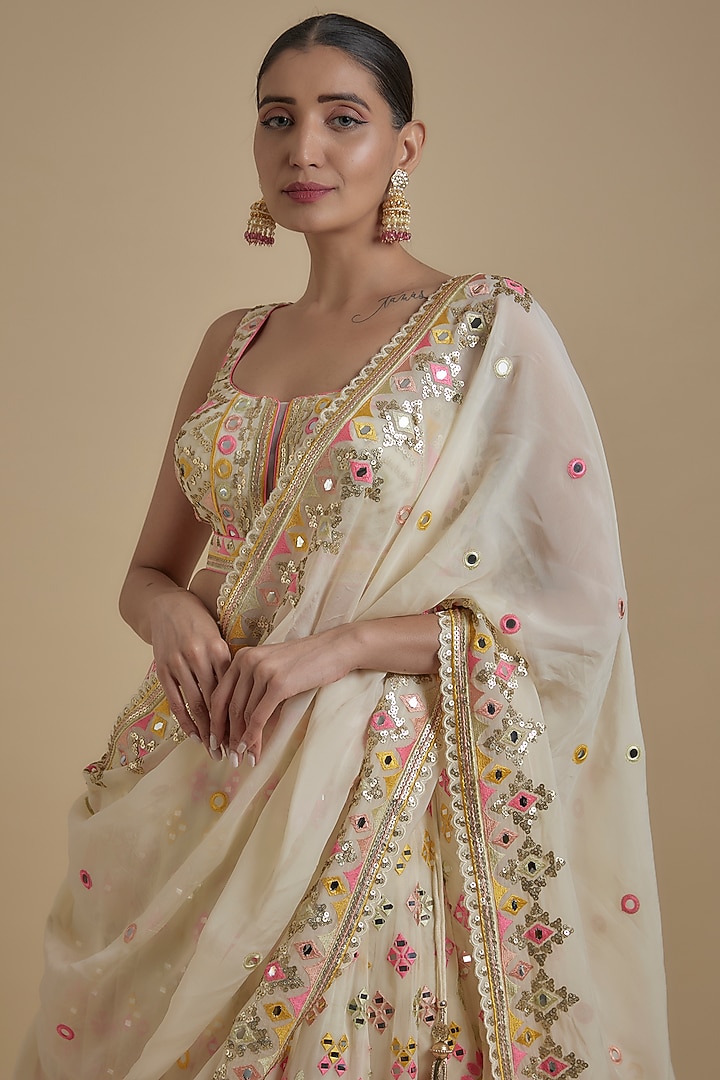 Multi-Colored & Ivory Georgette Hand Embroidered Wedding Lehenga Set by GOPI VAID at Pernia's Pop Up Shop