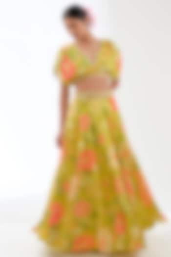 Mint Green Organza Floral Printed Wedding Lehenga Set by GOPI VAID at Pernia's Pop Up Shop