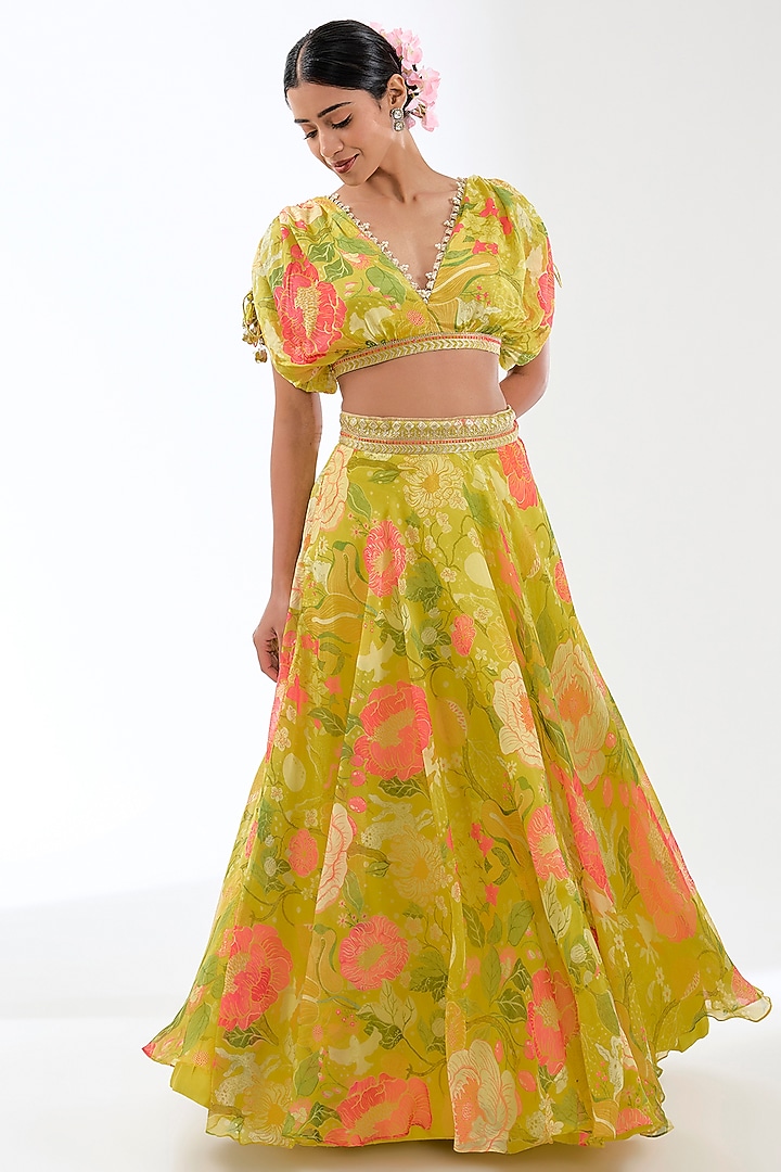 Mint Green Organza Floral Printed Wedding Lehenga Set by GOPI VAID at Pernia's Pop Up Shop
