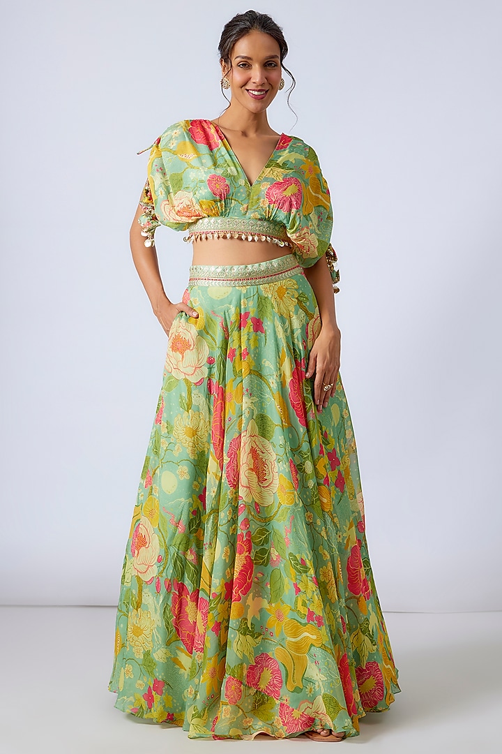 Mint Green Organza Floral Printed Wedding Lehenga Set by GOPI VAID at Pernia's Pop Up Shop