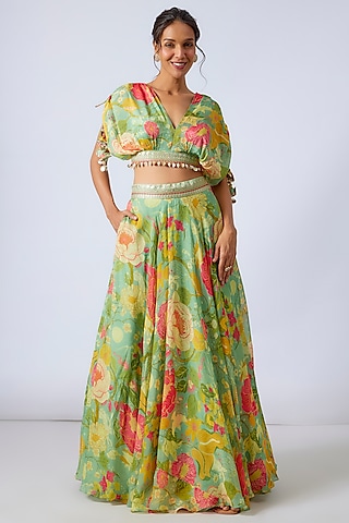 Mint Green Organza Floral Printed Lehenga Set by GOPI VAID