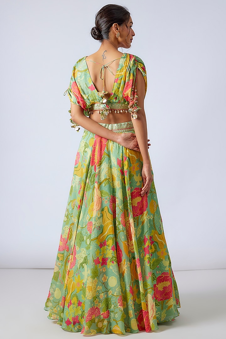 Mint Green Organza Floral Printed Wedding Lehenga Set by GOPI VAID at Pernia's Pop Up Shop