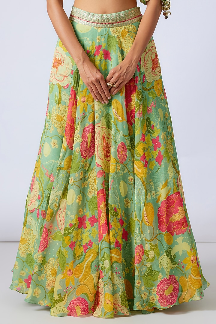 Mint Green Organza Floral Printed Wedding Lehenga Set by GOPI VAID at Pernia's Pop Up Shop