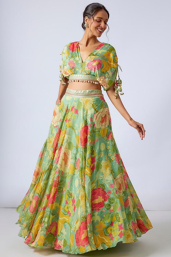 Mint Green Organza Floral Printed Wedding Lehenga Set by GOPI VAID at Pernia's Pop Up Shop