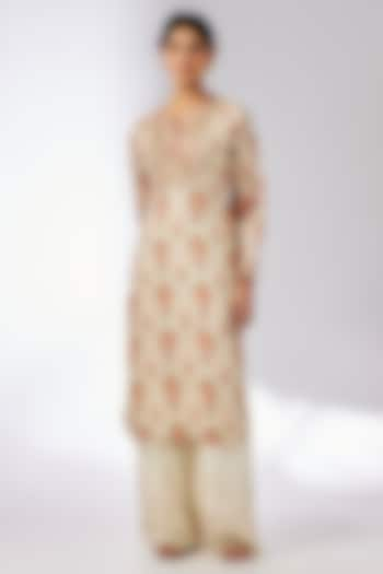 Ivory Cotton Silk Floral Printed & Embroidered Tunic by GOPI VAID at Pernia's Pop Up Shop