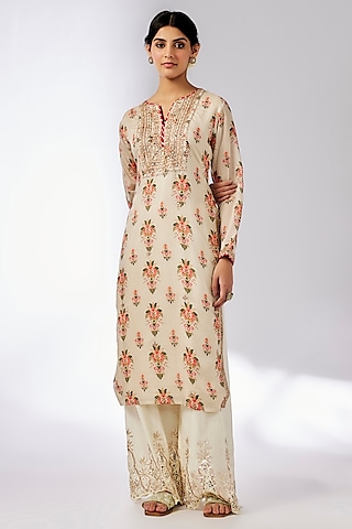 Ivory Cotton Silk Floral Printed & Embroidered Tunic by GOPI VAID
