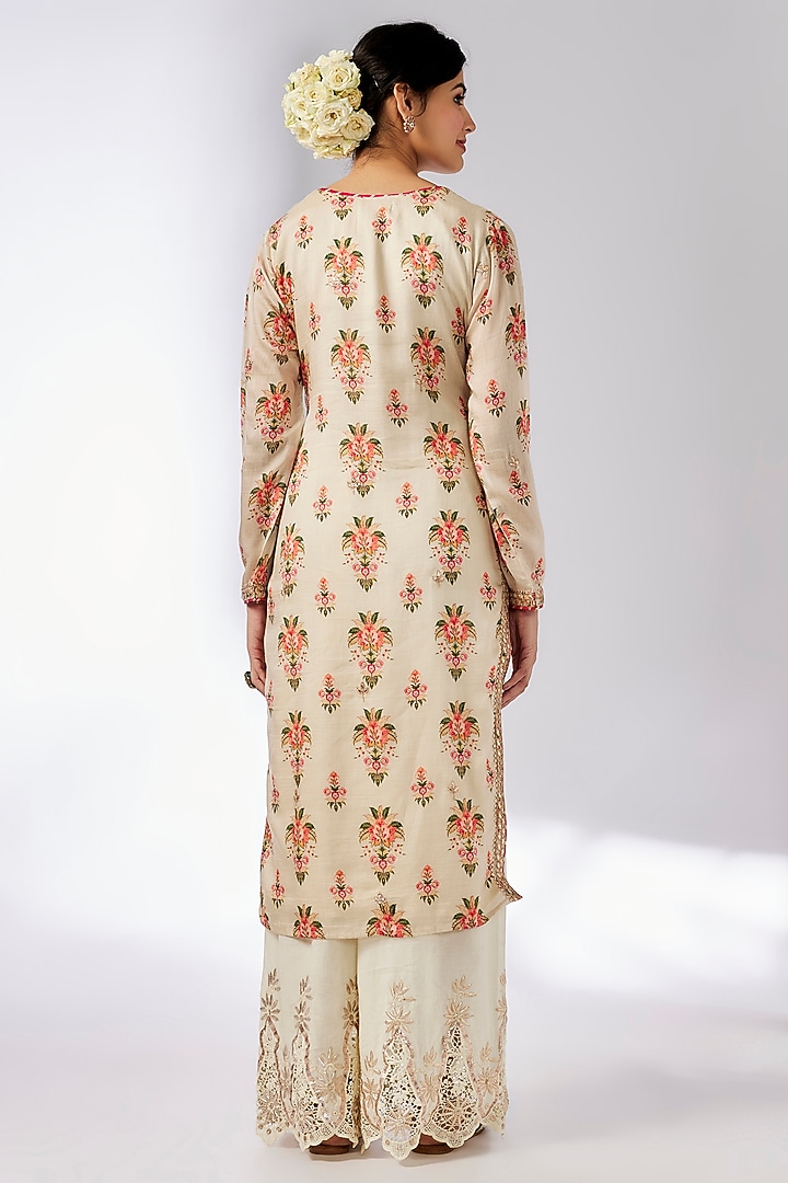 Ivory Cotton Silk Floral Printed & Embroidered Tunic by GOPI VAID at Pernia's Pop Up Shop
