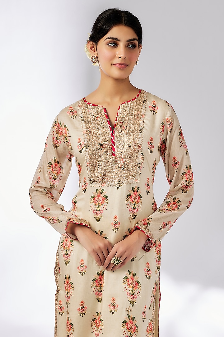 Ivory Cotton Silk Floral Printed & Embroidered Tunic by GOPI VAID at Pernia's Pop Up Shop