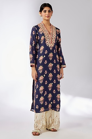 Blue Cotton Silk Floral Printed & Embroidered Tunic by GOPI VAID