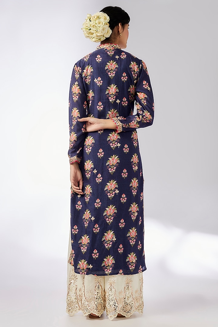 Blue Cotton Silk Floral Printed & Embroidered Tunic by GOPI VAID at Pernia's Pop Up Shop