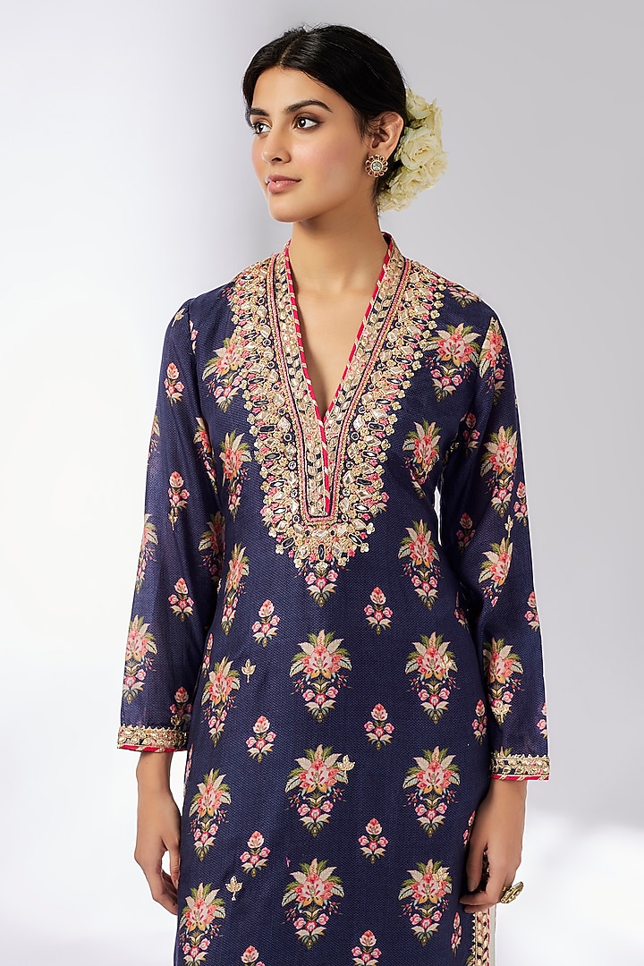 Blue Cotton Silk Floral Printed & Embroidered Tunic by GOPI VAID at Pernia's Pop Up Shop