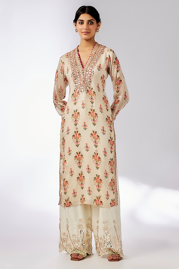 Ivory Cotton Silk Floral Printed & Embroidered Tunic by GOPI VAID