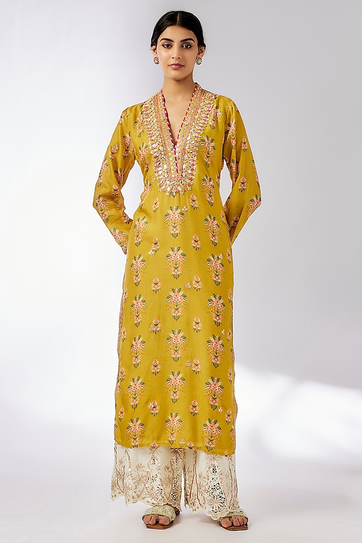 Yellow Cotton Silk Floral Printed & Embroidered Tunic by GOPI VAID