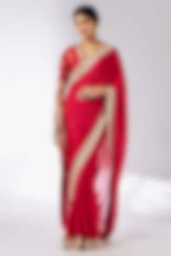 Red Chiffon Hand & Machine Embroidered Saree Set by GOPI VAID at Pernia's Pop Up Shop