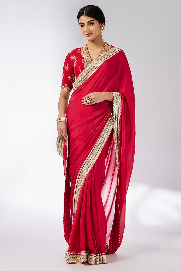 Red Chiffon Hand & Machine Embroidered Saree Set by GOPI VAID at Pernia's Pop Up Shop