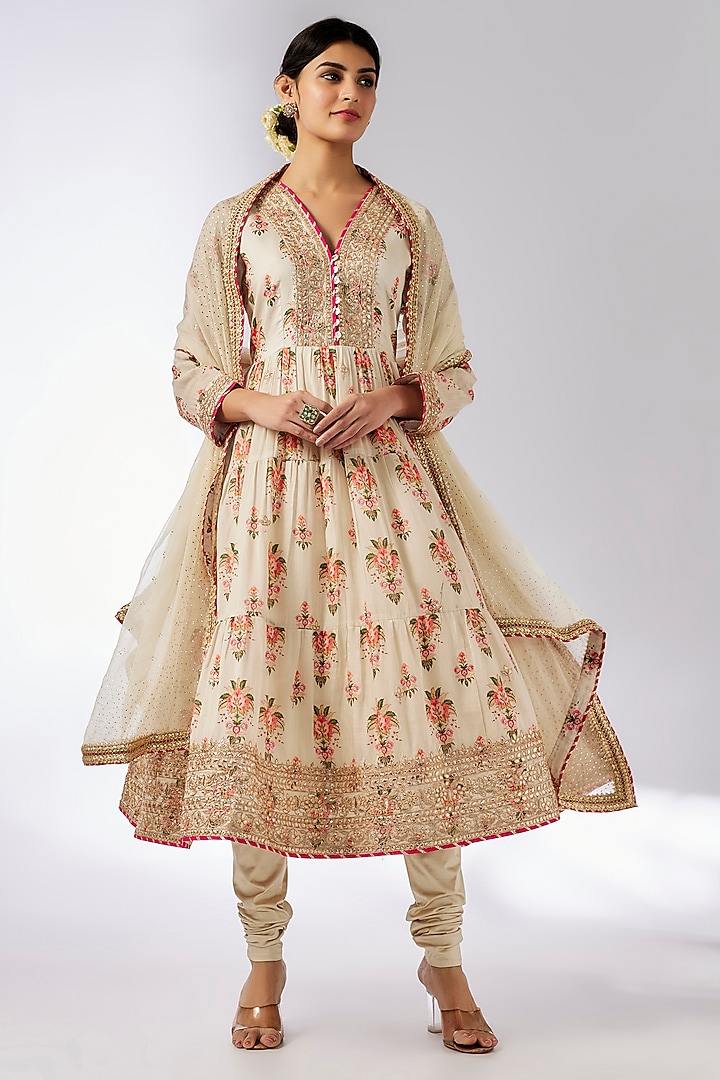 Ivory Cotton Silk Hand & Machine Embellished Wedding Anarkali Set by GOPI VAID at Pernia's Pop Up Shop