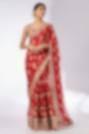 Red Organza Hand & Machine Embroidered Frilled Wedding Saree Set by GOPI VAID at Pernia's Pop Up Shop