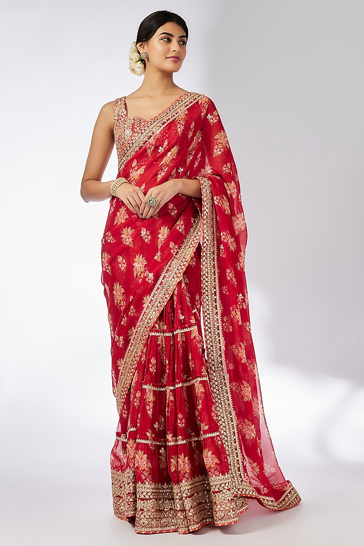 Red Organza Hand & Machine Embroidered Frilled Wedding Saree Set by GOPI VAID at Pernia's Pop Up Shop