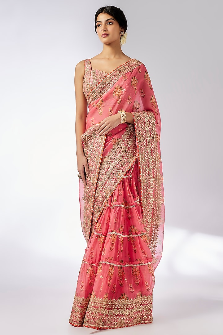 Pink Organza Hand & Machine Embroidered Frilled Saree Set by GOPI VAID at Pernia's Pop Up Shop