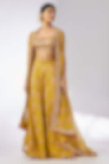 Mustard Organza Printed & Embroidered Cape Set by GOPI VAID