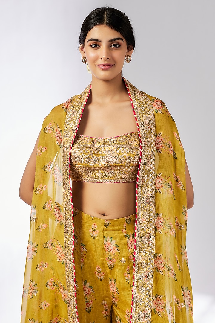 Mustard Organza Printed & Embroidered Cape Set by GOPI VAID at Pernia's Pop Up Shop