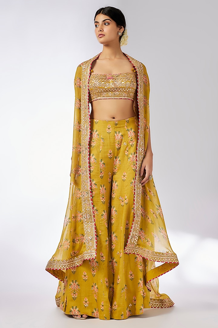 Mustard Organza Printed & Embroidered Cape Set by GOPI VAID at Pernia's Pop Up Shop