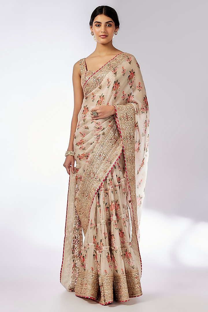 Ivory Organza Hand & Machine Embroidered Frilled Wedding Saree Set by GOPI VAID at Pernia's Pop Up Shop