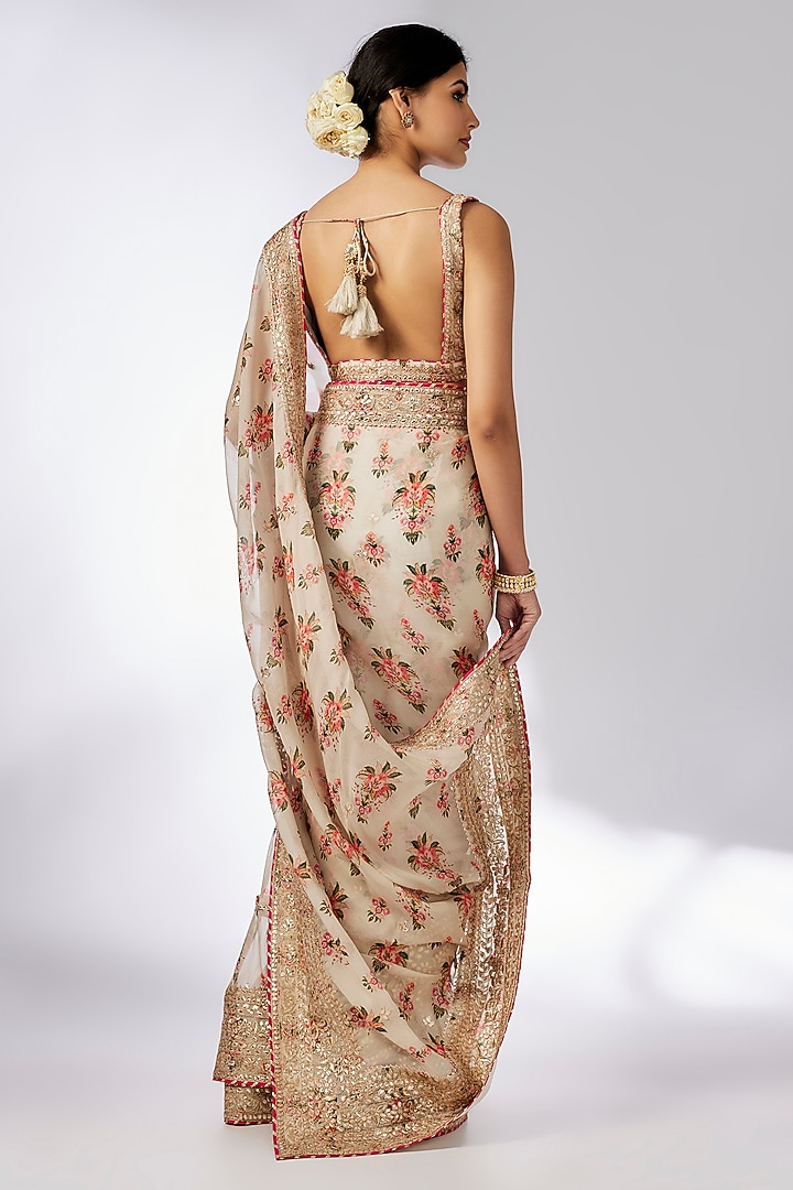 Ivory Organza Hand & Machine Embroidered Frilled Wedding Saree Set by GOPI VAID at Pernia's Pop Up Shop