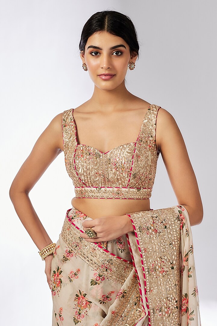 Ivory Organza Hand & Machine Embroidered Frilled Wedding Saree Set by GOPI VAID at Pernia's Pop Up Shop