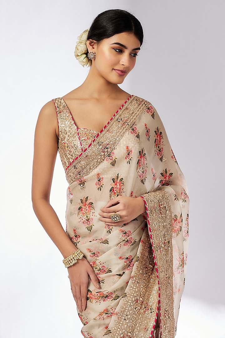 Ivory Organza Hand & Machine Embroidered Frilled Wedding Saree Set by GOPI VAID at Pernia's Pop Up Shop