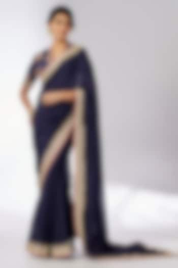 Navy Blue Chiffon Hand & Machine Embroidered Saree Set by GOPI VAID at Pernia's Pop Up Shop