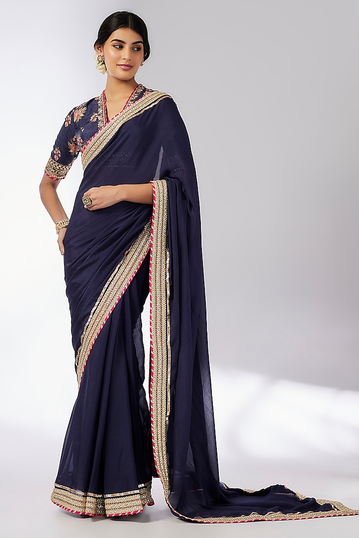 Navy Blue Chiffon Hand & Machine Embroidered Saree Set by GOPI VAID at Pernia's Pop Up Shop