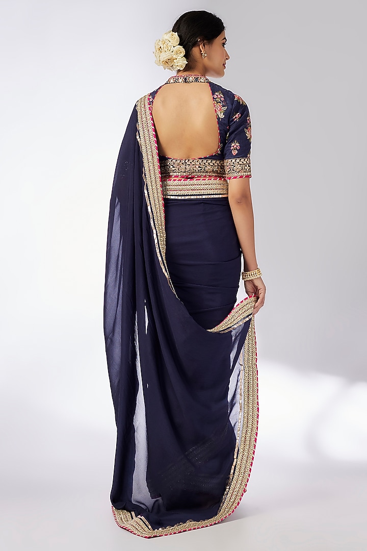 Navy Blue Chiffon Hand & Machine Embroidered Wedding Saree Set by GOPI VAID at Pernia's Pop Up Shop