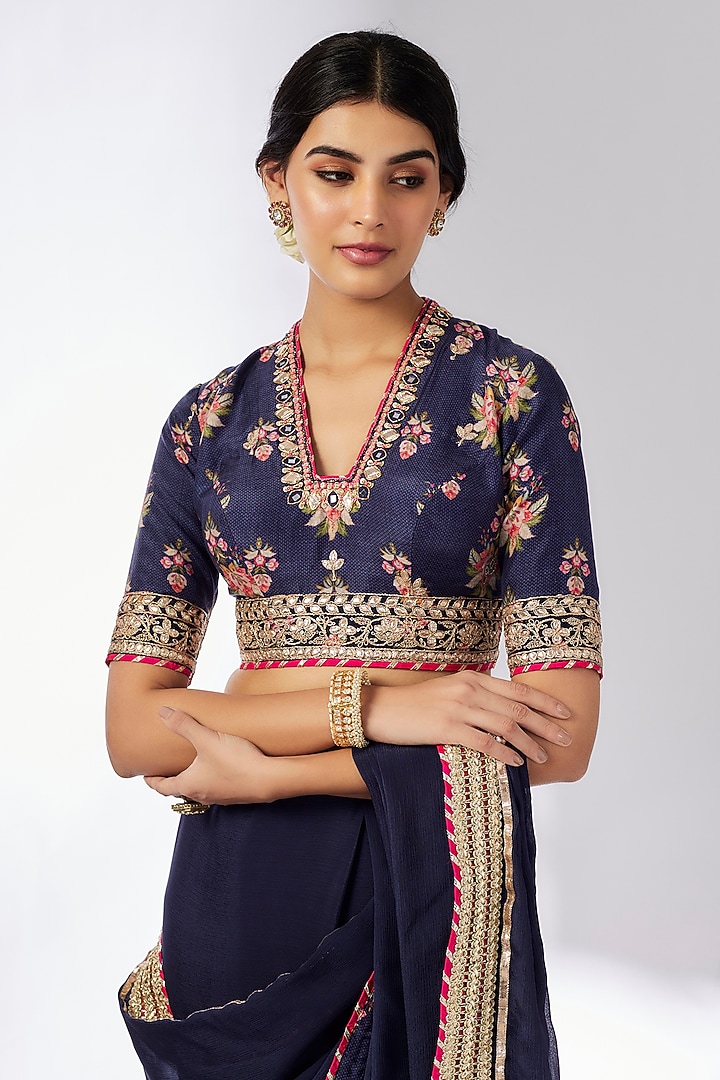 Navy Blue Chiffon Hand & Machine Embroidered Wedding Saree Set by GOPI VAID at Pernia's Pop Up Shop