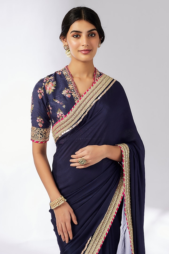 Navy Blue Chiffon Hand & Machine Embroidered Wedding Saree Set by GOPI VAID at Pernia's Pop Up Shop