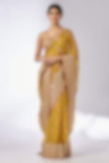 Mustard Organza Hand & Machine Embroidered Saree Set by GOPI VAID at Pernia's Pop Up Shop