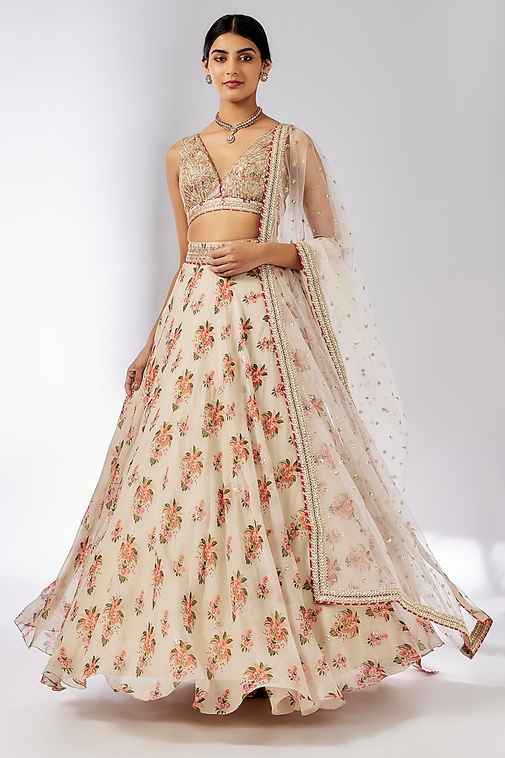 Ivory Organza Thread Embroidered Lehenga Set by GOPI VAID