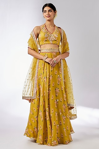 Mustard Yellow Organza Lehenga Set by GOPI VAID
