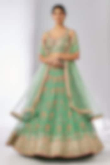 Mint Organza Printed & Embellished Lehenga Set by GOPI VAID