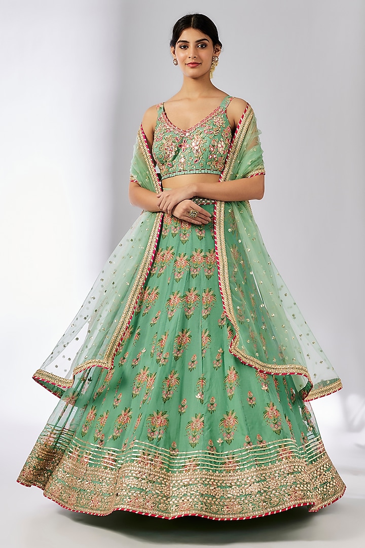 Mint Organza Printed & Embellished Lehenga Set by GOPI VAID