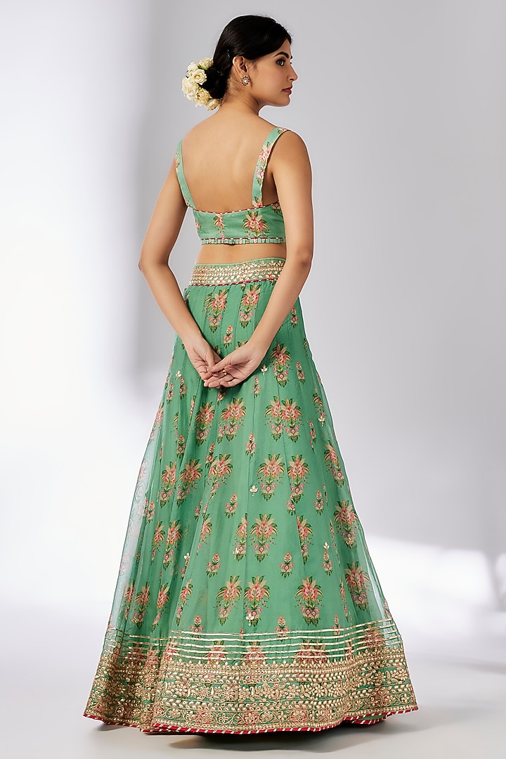 Mint Organza Printed & Embellished Wedding Lehenga Set by GOPI VAID at Pernia's Pop Up Shop