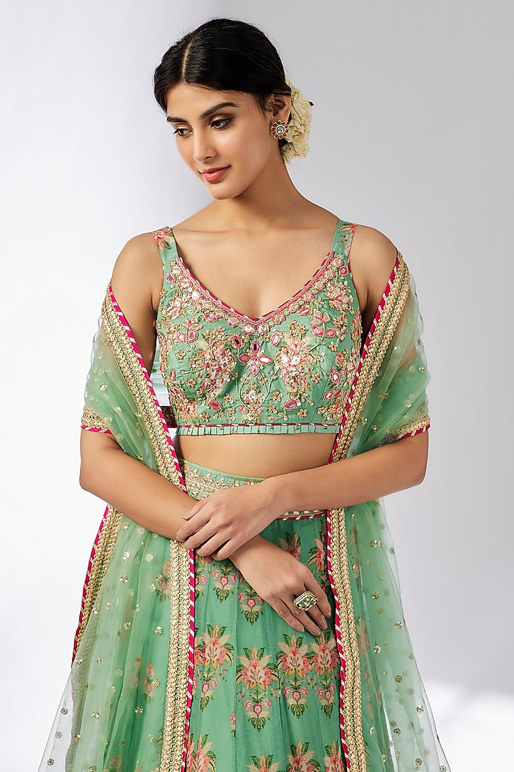 Mint Organza Printed & Embellished Wedding Lehenga Set by GOPI VAID at Pernia's Pop Up Shop