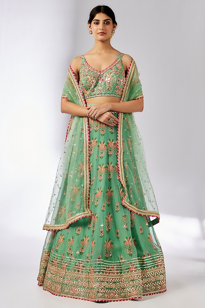 Mint Organza Printed & Embellished Wedding Lehenga Set by GOPI VAID at Pernia's Pop Up Shop