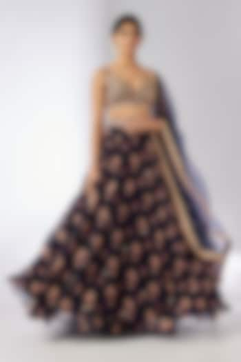 Navy Blue Organza Thread Embroidered Wedding Lehenga Set by GOPI VAID at Pernia's Pop Up Shop